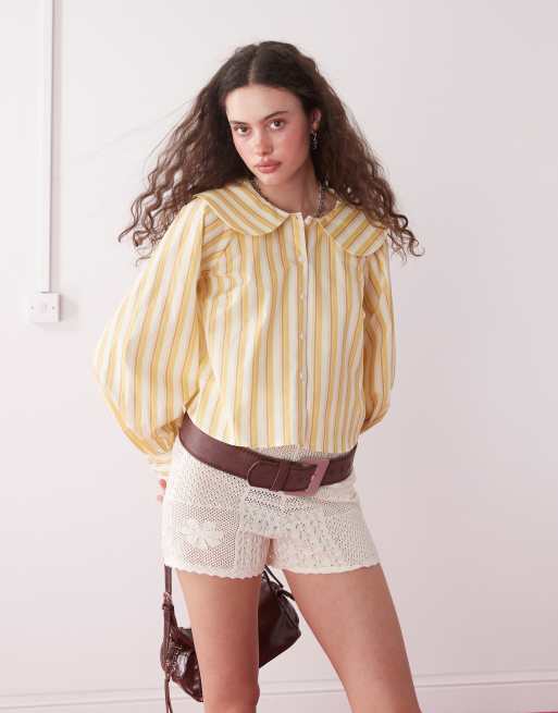 Reclaimed Vintage - Camicia con colletto Peter Pan e motivo a righe color giallo burro