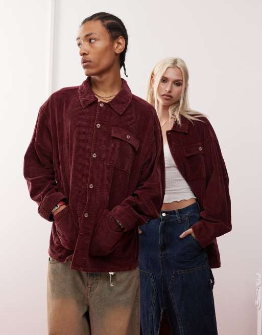 Reclaimed Vintage - Camicia giacca unisex bordeaux in velluto a coste