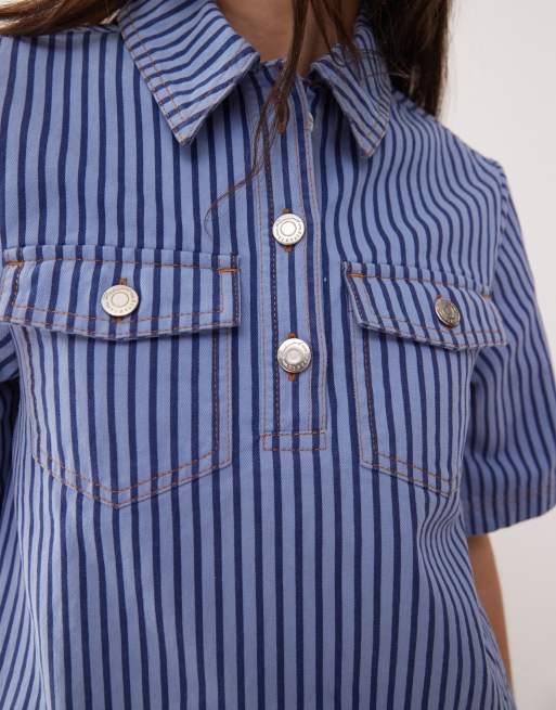 Reclaimed Vintage - Camicia in denim blu gessato tono su tono in coordinato , 3 di 4