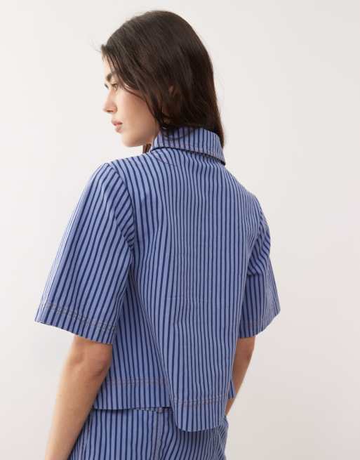 Reclaimed Vintage - Camicia in denim blu gessato tono su tono in coordinato , 4 di 4