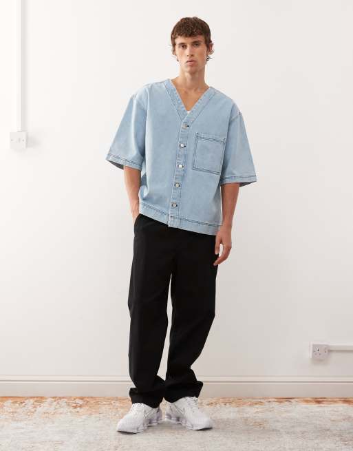 Reclaimed Vintage - Camicia in denim stile baseball a maniche corte lavaggio azzurro, 2 di 5