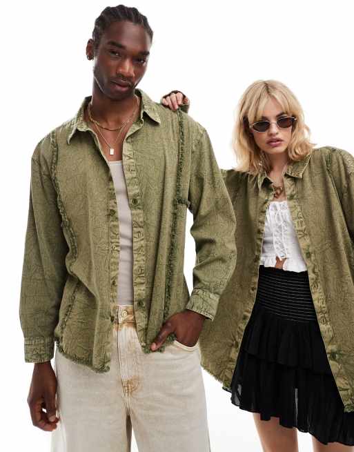Reclaimed Vintage - Camicia in denim unisex con dettagli sfrangiati