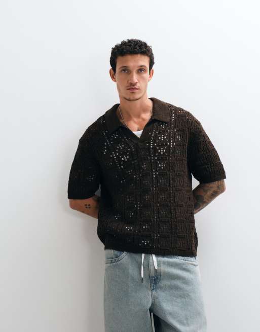 Reclaimed Vintage - Camicia in maglia all'uncinetto marrone cioccolato