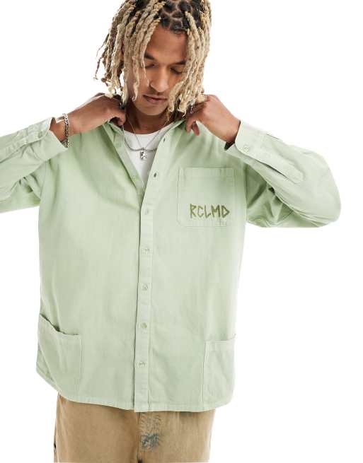 Reclaimed Vintage - Camicia oversize a maniche lunghe verde slavato con ricamo
