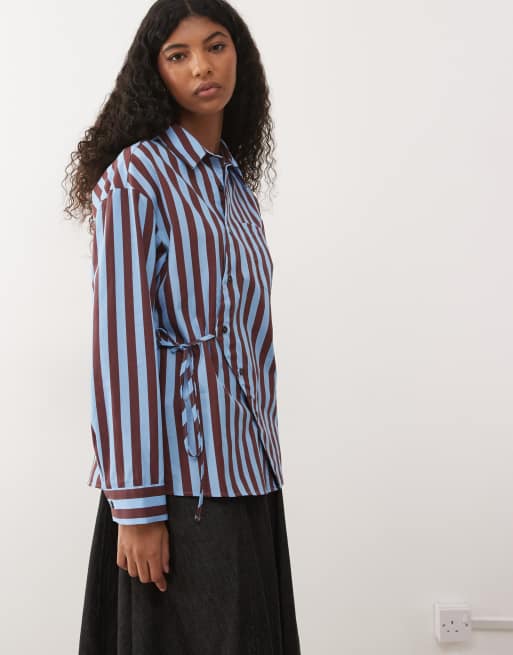 Reclaimed Vintage - Camicia oversize blu e prugna a righe con abbottonatura asimmetrica