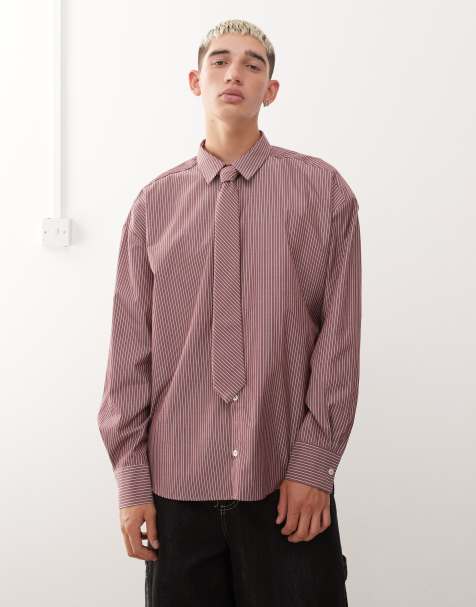 Reclaimed Vintage - Camicia oversize bordeaux a righe con cravatta - view 1