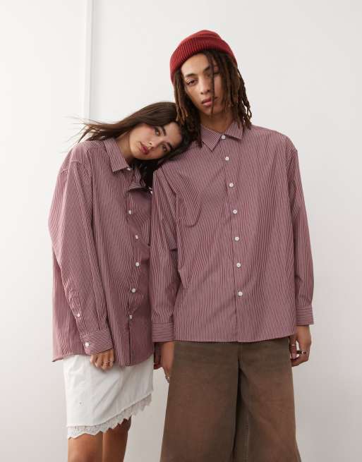 Reclaimed Vintage - Camicia oversize unisex bordeaux a righe