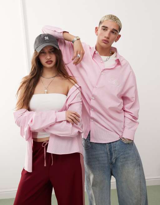 Reclaimed Vintage - Camicia oversize unisex rosa e bianca gessata