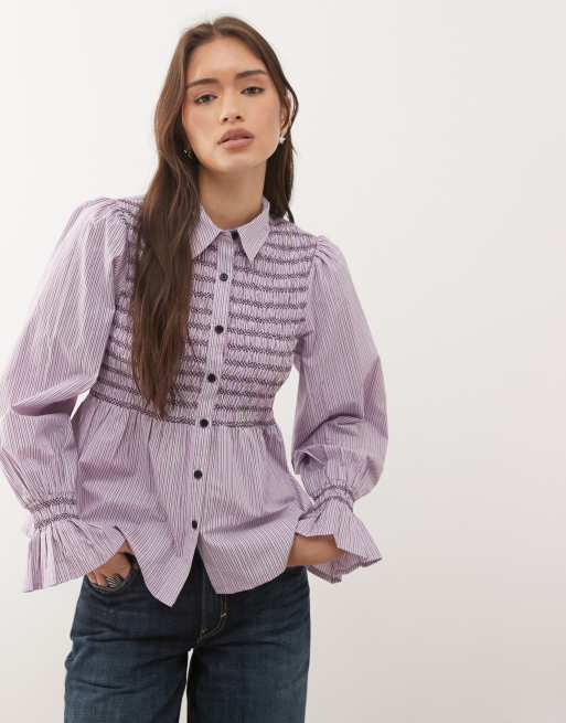 Reclaimed Vintage - Camicia rosa a righe con arricciature
