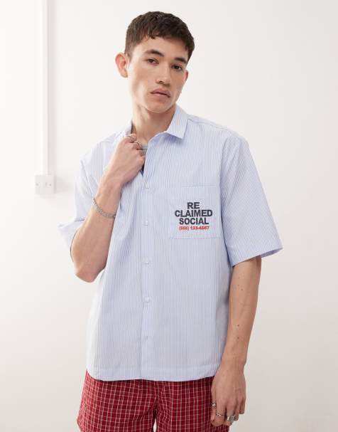 Reclaimed Vintage - Camicia squadrata a maniche corte blu gessato con ricamo - view 1