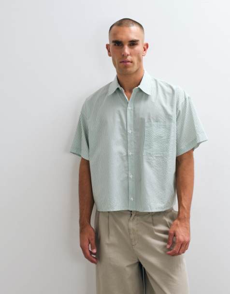 Reclaimed Vintage - Camicia squadrata a maniche corte kaki a righe - view 1