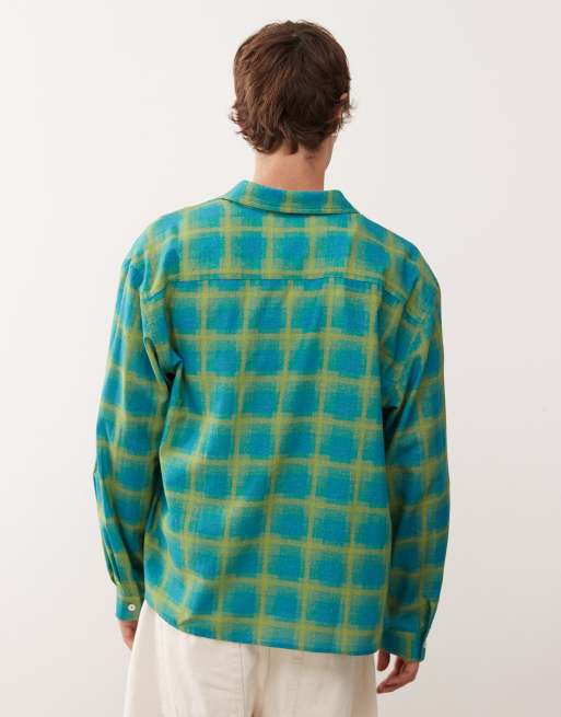 Reclaimed Vintage - Camicia squadrata corta spazzolata a quadri verdi e blu, 3 di 5