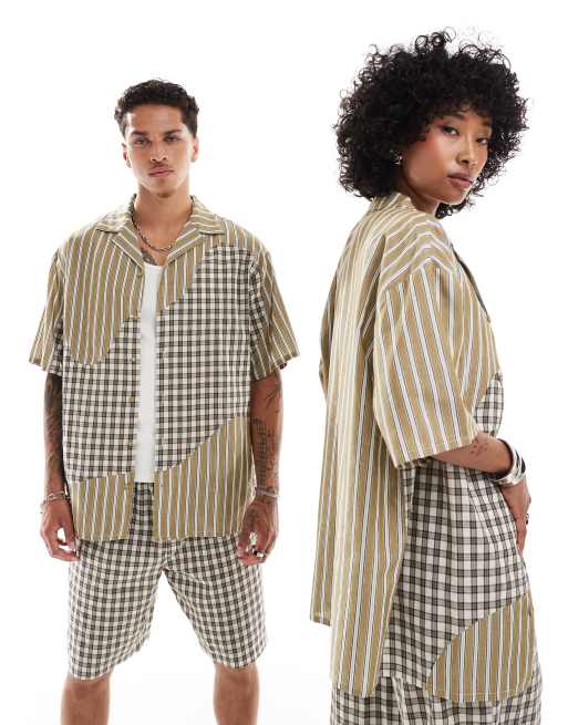 Reclaimed Vintage - Camicia squadrata unisex oversize con design diviso a righe e a quadri