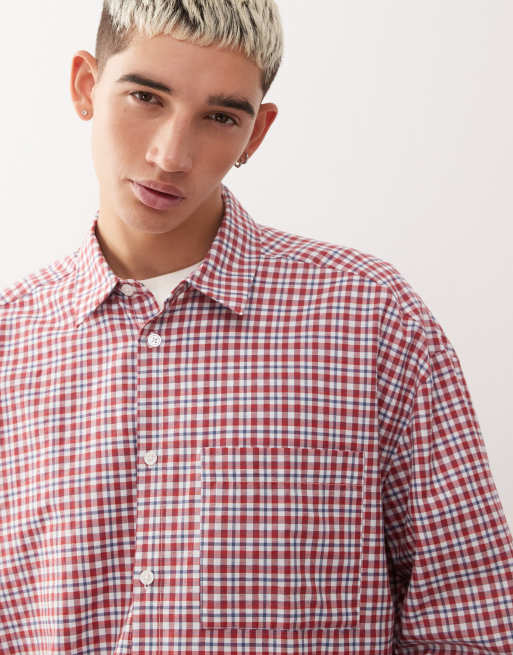 Reclaimed Vintage - Camicia taglio corto a maniche lunghe squadrata blu e rossa a quadri, 5 di 5