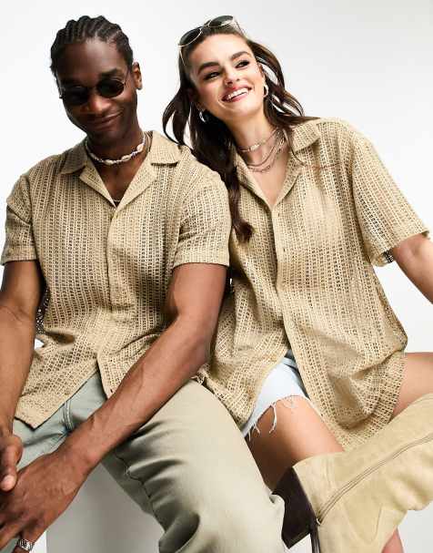 Reclaimed Vintage - Camicia unisex beige all'uncinetto - view 1