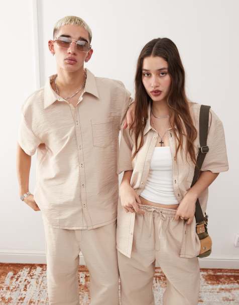 Reclaimed Vintage - Camicia unisex color pietra con cuciture a contrasto - view 1