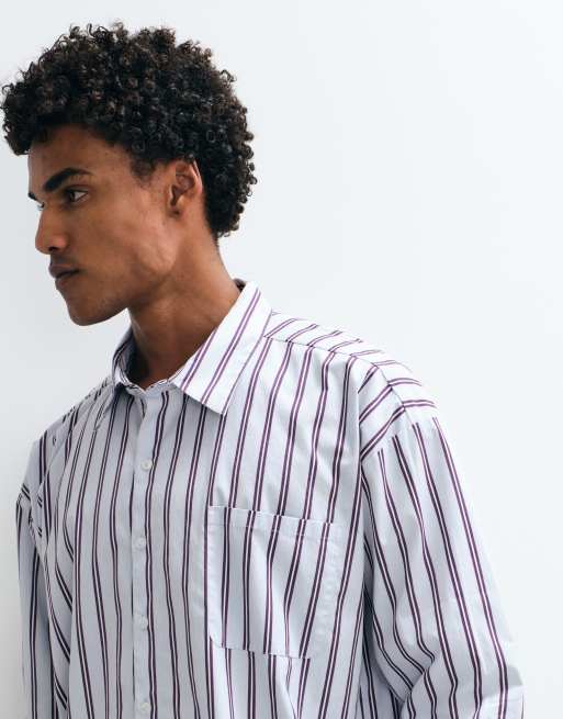 Reclaimed Vintage - camisa oversize de manga larga blanca con rayas oscuras, 3 de 5