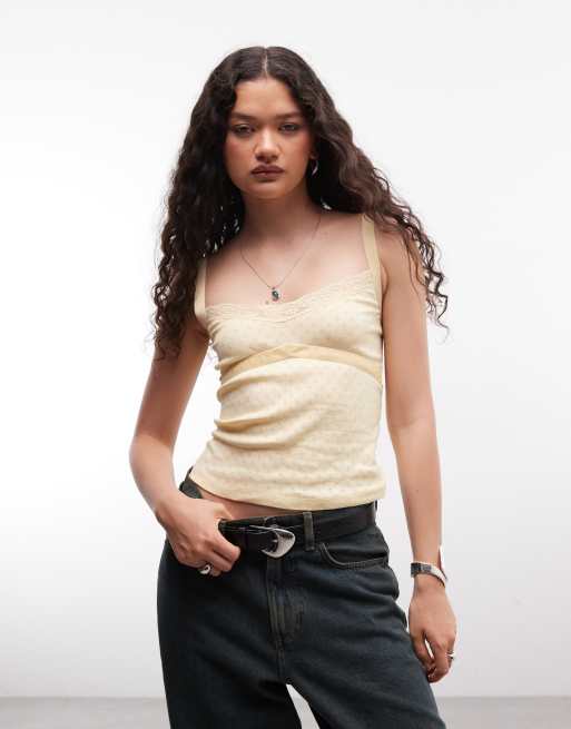 Reclaimed Vintage – Camisole-Oberteil in Gelb mit Samtbesatz