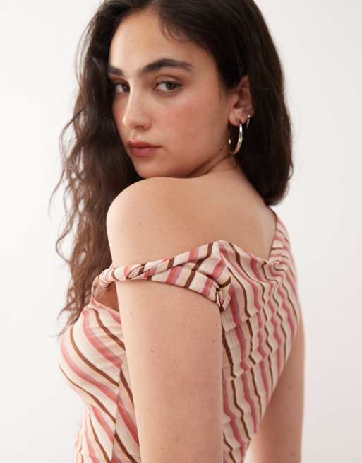 Reclaimed Vintage candy stripes printed slinky twist one shoulder top in pink