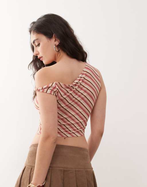 Reclaimed Vintage candy stripes printed slinky twist one shoulder top in pink