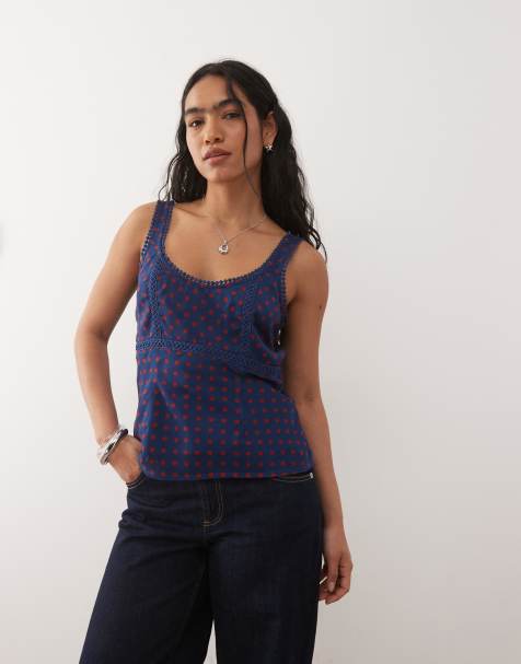 Reclaimed Vintage - Canottiera da giorno blu navy a pois rossi con finiture in pizzo - view 1