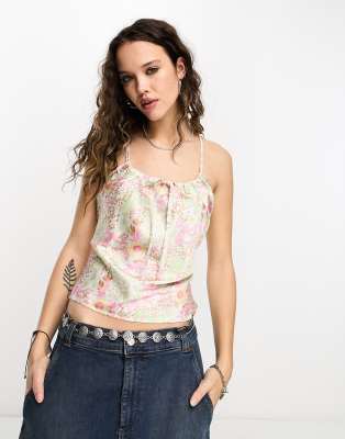 Reclaimed Vintage satin cami top with open tie back in multi floral print - ASOS Price Checker