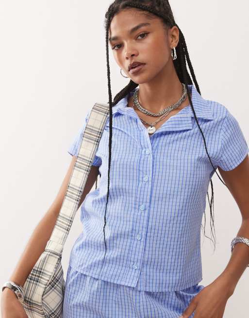 Reclaimed Vintage cap sleeve micro shirt in blue check (part of a set)