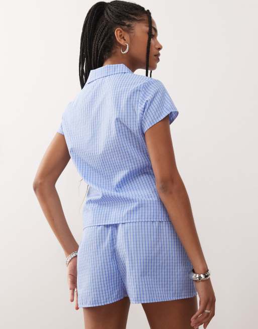 Reclaimed Vintage cap sleeve micro shirt in blue check (part of a set)
