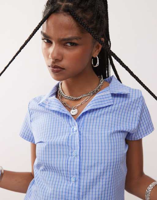 Reclaimed Vintage cap sleeve micro shirt in blue check (part of a set)
