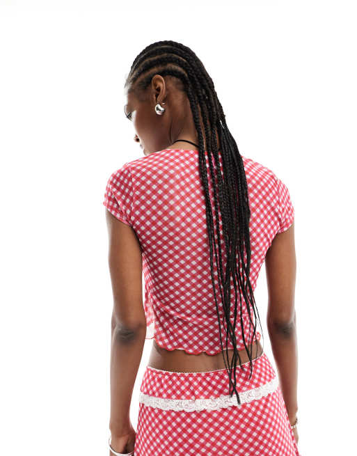 Reclaimed Vintage cap sleeve top co-ord in red gingham with bow and lace trim, 2 of 4