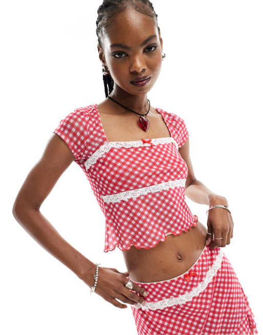 Reclaimed Vintage cap sleeve top in red gingham with bow and lace trim (part of a set)