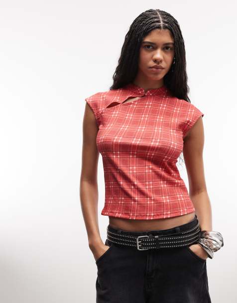 Reclaimed Vintage cap sleeve top with asymmetric detail mandarin collar in red check - view 1