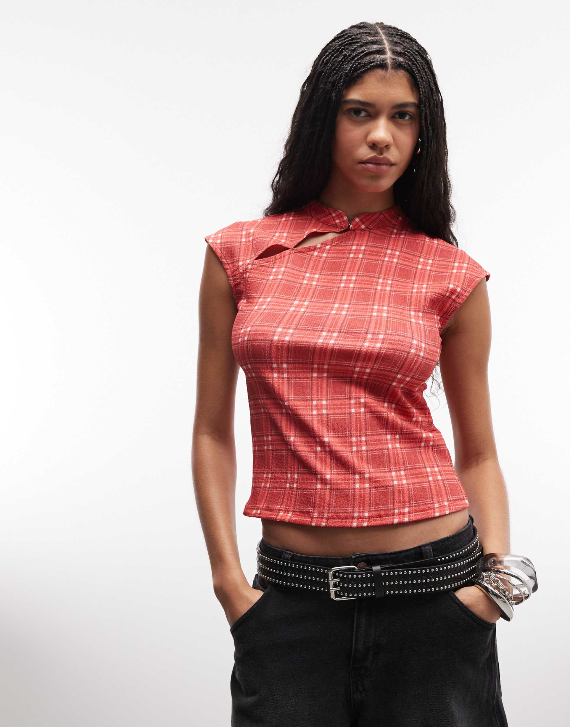 reclaimed vintage cap sleeve top with asymmetric mandarin collar in red plaid