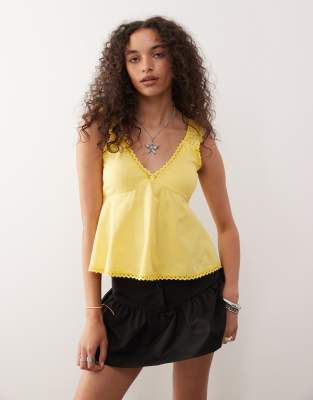 Caraco babydoll en popeline avec détails en dentelle et broderie anglaise - Jaune M