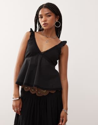 Caraco babydoll en popeline avec détails en dentelle et broderie anglaise - Noir XS