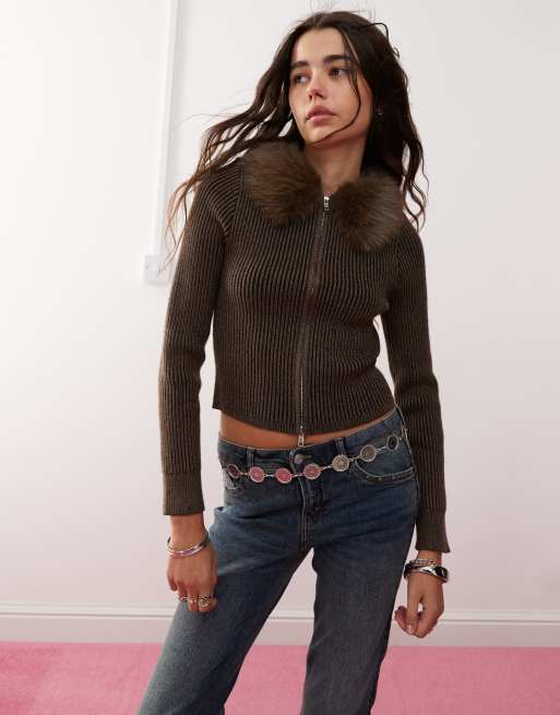 Reclaimed Vintage - Cardigan a coste con pelliccia