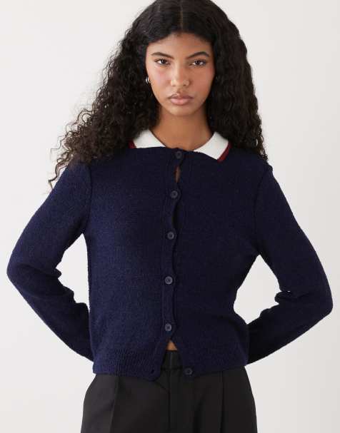 Reclaimed Vintage - Cardigan attillato blu navy con colletto a coste - view 1
