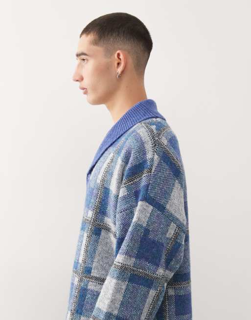 Reclaimed Vintage - Cardigan blu a quadri in maglia spessa , 4 di 5