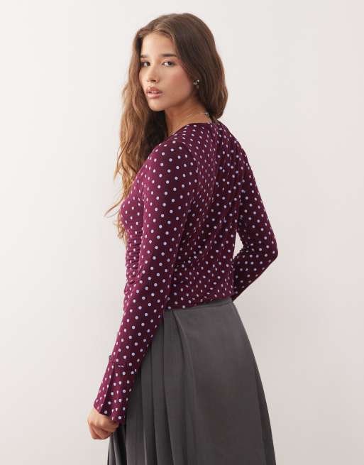 Reclaimed Vintage - Cardigan bordeaux e blu a pois con maniche svasate, 4 di 4