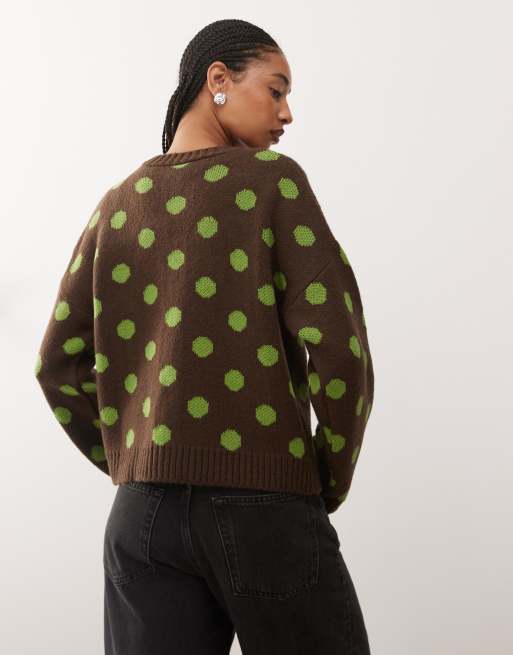 Reclaimed Vintage - Cardigan coupe carrée à imprimé pois - Marron et vert, 4 de 4