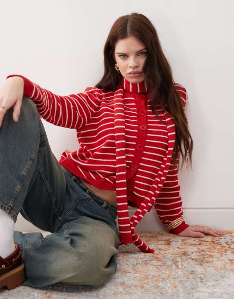 Reclaimed Vintage - Cardigan in maglia a righe rosse e crema - view 1