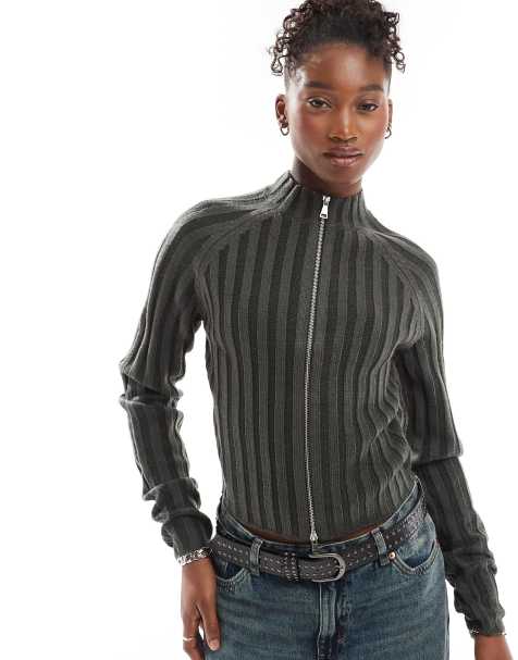 Reclaimed Vintage - Cardigan in maglia antracite a coste con zip - view 1