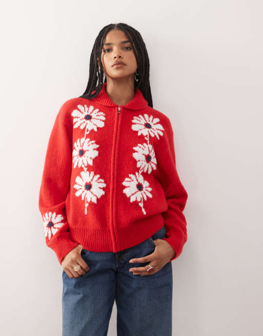 Reclaimed Vintage - Cardigan in maglia rosso ciliegia con zip e dettagli floreali