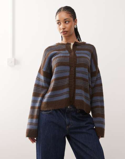 Reclaimed Vintage - Cardigan in maglia spazzolata marrone e blu a righe - view 1