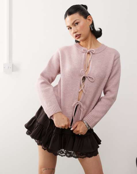 Reclaimed Vintage - Cardigan rosa in maglia allacciato sul davanti con fiocco - view 1