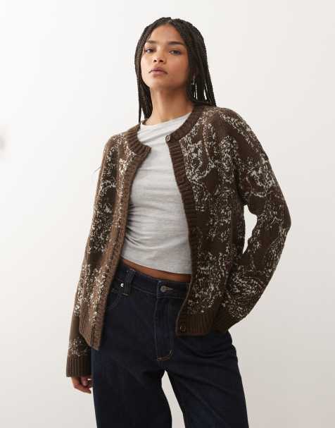 Reclaimed Vintage - Cardigan squadrato in maglia marrone cioccolato con stampa stile arazzo - view 1