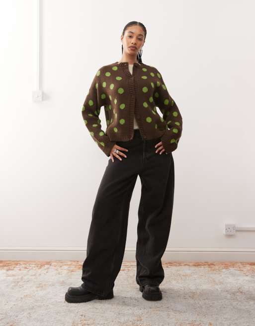 Reclaimed Vintage - Cardigan squadrato marrone a pois verdi, 2 di 4