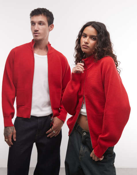 Reclaimed Vintage cárdigan unisex de punto fino con cuello alzado y cremallera en rojo - view 1