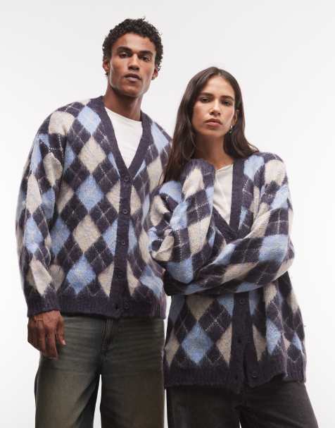 Reclaimed Vintage cardigan unisex oversize a rombi bianco e blu - view 1