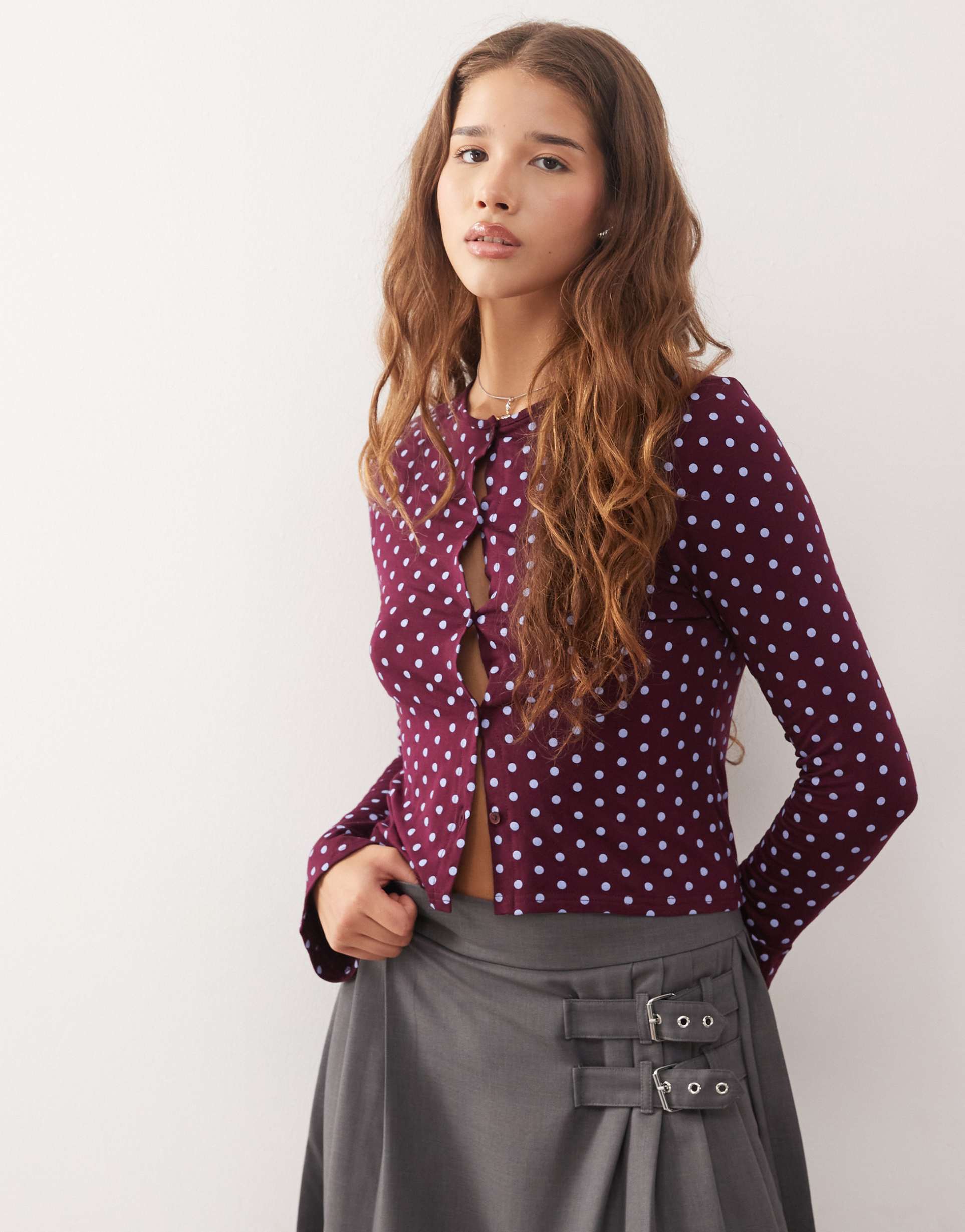 reclaimed vintage cardigan with flare sleeves in burgundy and blue polka dot